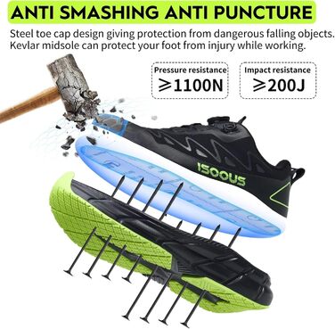 Черевики робочі чоловічі ISOOUS S3S, водонепроникні, ESD, з протиковзким покриттям, сталевий підносок (40 EU, чорний/зелений)