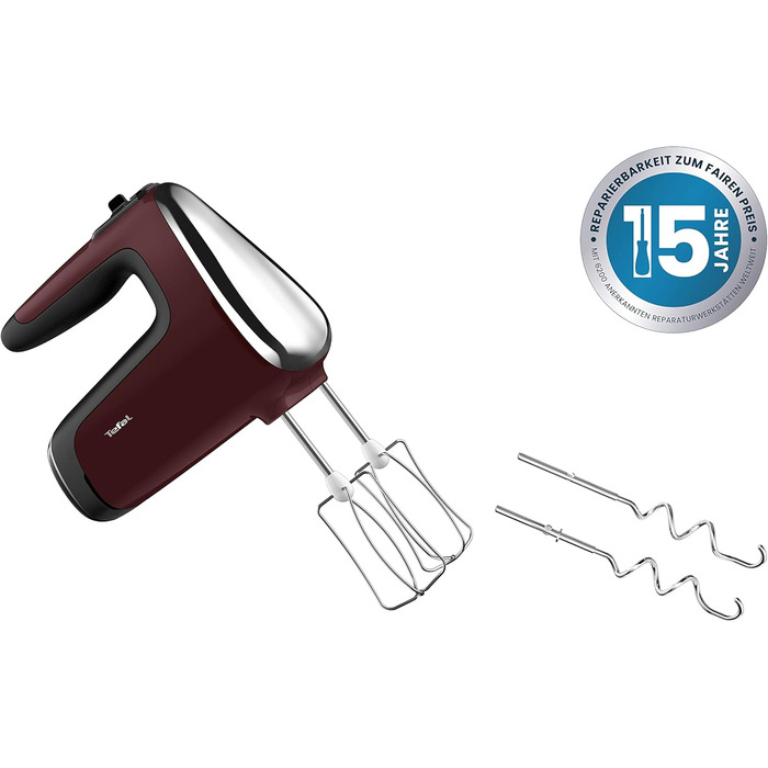 Міксер ручний Tefal Powermix Silence HT6525, 600 Вт, 5 швидкостей + турбо, червоний, 2 вінчики та 2 гачки з нержавійки, насадка-блендер, комплект