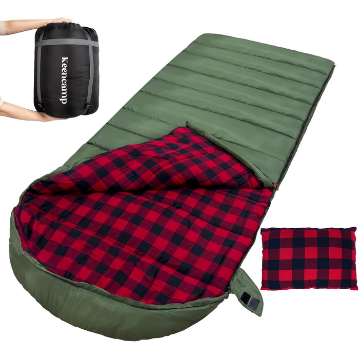 Спальний мішок Keencamp Flanell Warmer для кемпінгу: теплий, бавовняний, для 3-4 сезонів, до -1°C, XXL, 230x90 см (Olive-R-Zip)