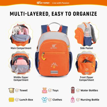 Дитячий рюкзак SKYSPER 8L для хлопчиків та дівчаток, рюкзак для прогулянок та повсякденного використання, з нагрудним ременем, ідеальний подарунок, апельсиновий