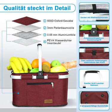 Термосумка-холодильник для покупок 35L, велика ізольована сумка-холодильник для обіду, офісу, кемпінгу, пікніка, подорожей, водонепроникний внутрішній кишень, міцна підтримка бокових стінок, винно-червоний колір