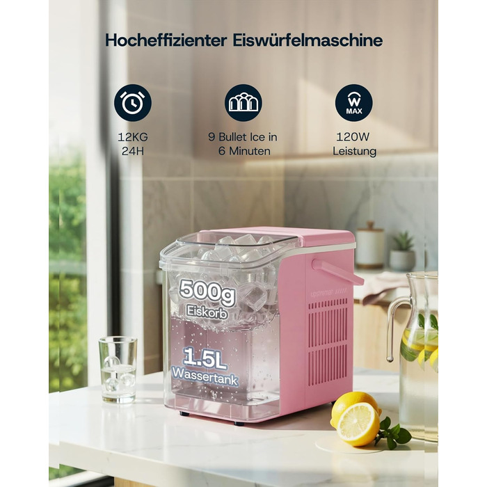 Машина для приготування льоду Upstreman BI12: рожева, автоматична очистка, для дому, кухні, офісу