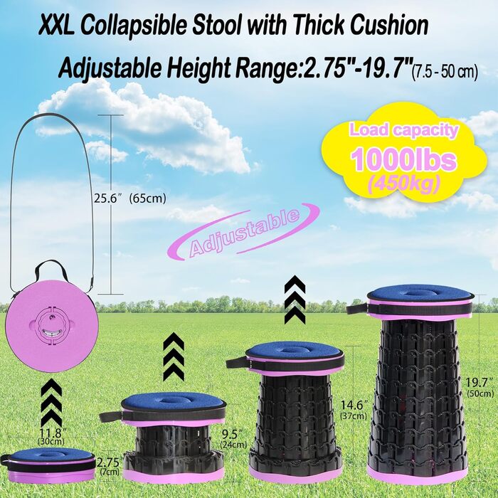 Складаний стілець Alevmoom з подушкою, телескопічний, 50см, 450кг, для кемпінгу та риболовлі (Новий фіолетовий)