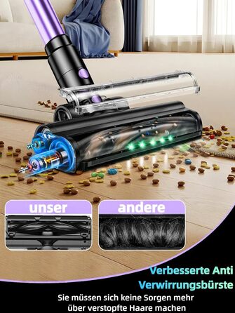 Бездротовий акумуляторний пилосос 45000 Па/500 Вт/45 хв з LED-дисплеєм та щіткою проти намотування, висувний шланг 73 см для твердих поверхонь, килимів, шерсті тварин, фіолетовий