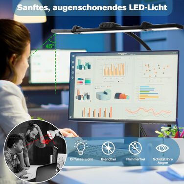 LED лампа для столу Asstikoo з регулюванням яскравості, 24W, складний дизайн, кріплення, для дому/офісу, 5 температур кольору, 3 режими яскравості, 3-головки, гнусий шийка