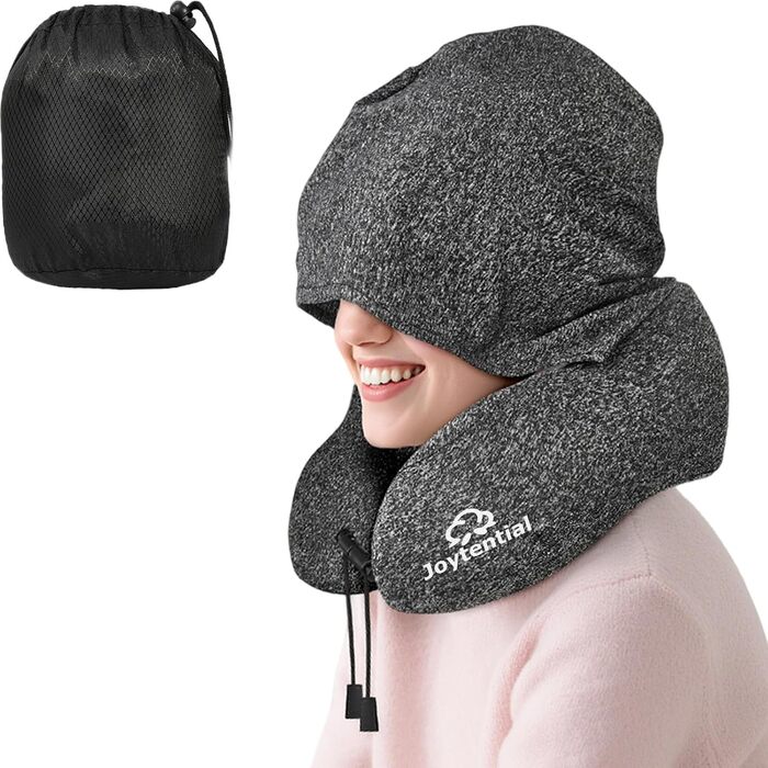 Подушка для шиї в літак з капюшоном, Memory Foam, регульована, для дорослих, авто, офіс (сіра)