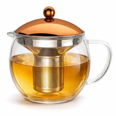 Скляний чайник Teekanne 1,5л з ситом із нержавіючої сталі та кришкою під мідь, заварник із боросилікатного скла для листового чаю