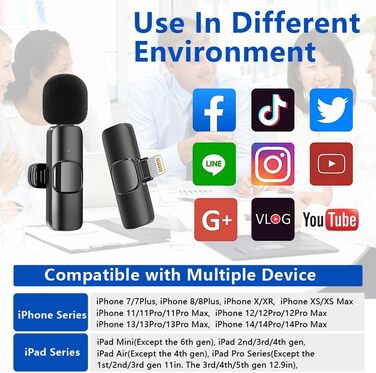 Беспроводной петличный микрофон 2St для iPhone/iPad: Plug-and-Play, шумоподавление, для видеоблогинга, YouTube, TikTok