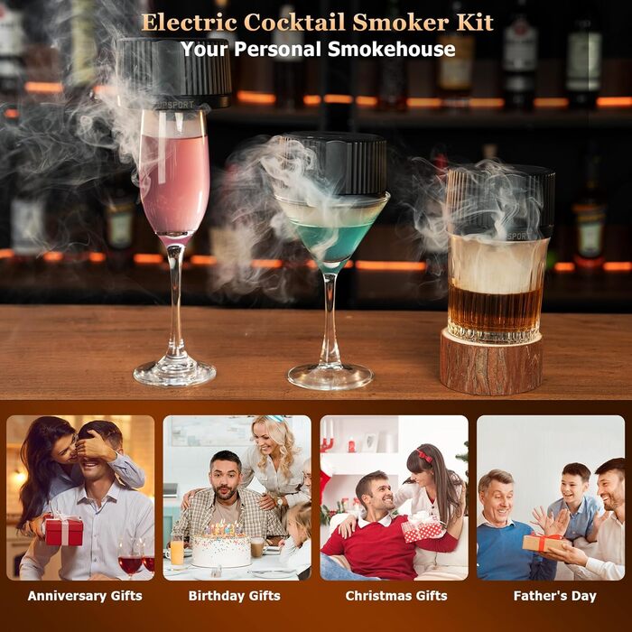 Набір для копчення віскі: 6 смаків дерев'яної стружки, 2 склянки, 2 кубики льоду, аксесуари для коктейлів, копчення напоїв, бурбон, кава, м'ясо