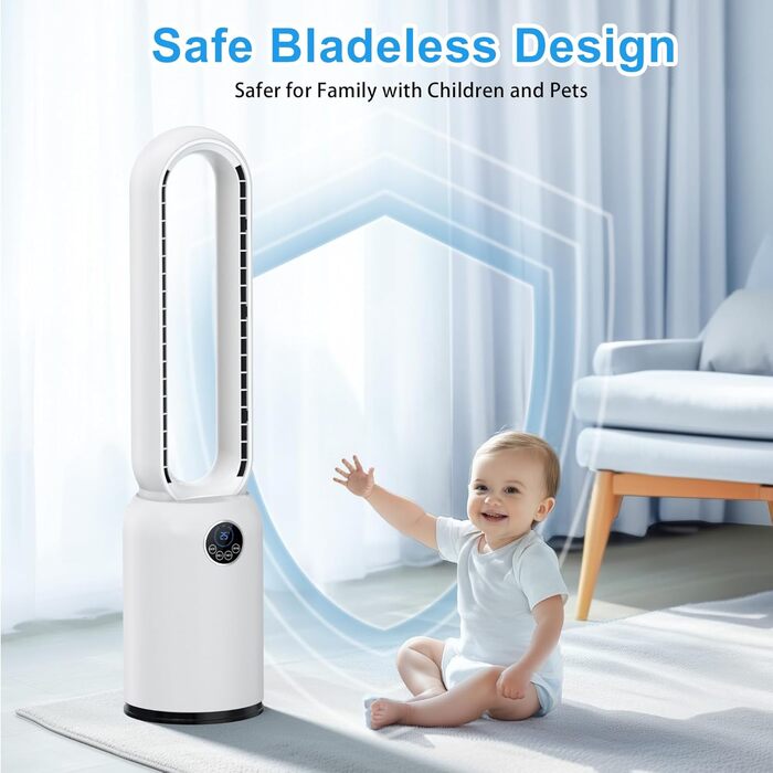 Безлопатий вентилятор з дистанційним керуванням, тихий, з LED-дисплеєм, 90° гойдання, 24 швидкості, 12H таймер, підлоговий вентилятор для дому (білий)