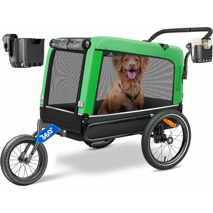 KESSER® Візок для собак Боксер 3-в-1: візок, буксир, велосипедний причіп. Великий об'єм 240 л, амортизація, поворотне переднє колесо 360°, матеріал 600D Oxford Canvas, SmartSpace, вантажопідйомність 40 кг, зелений