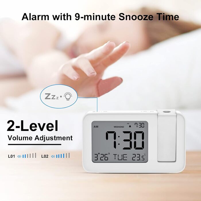 CHEREEKI Projection Alarm Clock, Alarm Clock with Indoor Temperature, 4 Adjustable Projection Brightness, 9-Minute Snooze Function, Digital Alarm Clock Suitable for Office and Bedroom