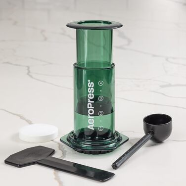 AeroPress Clear Coffee Press – 3-in-1 Coffee Maker combines French Press, Pour Over & Espresso – Full-bodied Coffee without Bitterness – Portable Mini Coffee Maker for Travel, Transparent (Standard, Green)