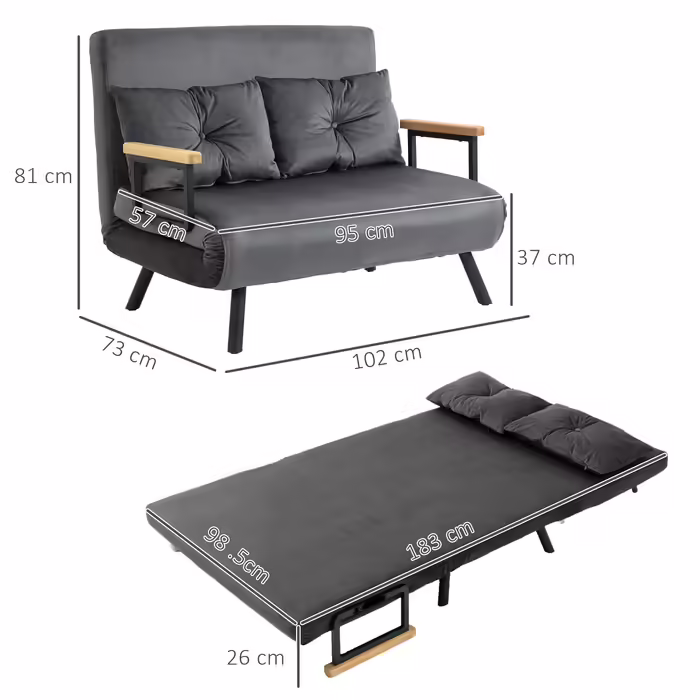 HOMCOM Sleeper Sofa with Storage Box, Convertible Sofa Bed, Sleeper Couch with Velvet Look Back Cushions, Dark Grey, 102 x 73 x 81 cm | Aosom