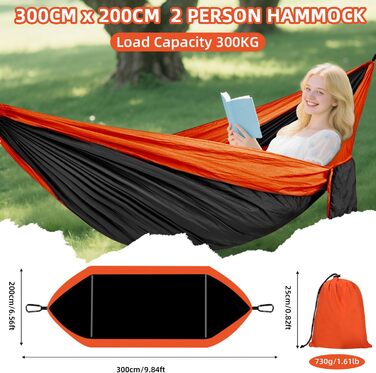 Гамак для відпочинку на природі, кемпінгу, 300 кг, 200 x 300 см, легкий, портативний, для одного або двох, нейлон, дихаючий, зелений (чорний)