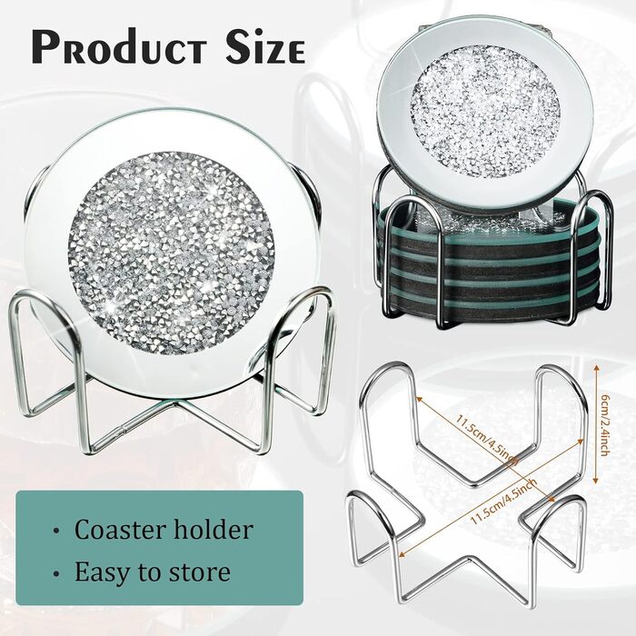 7-Piece Glass Coaster Set, 6 Crystal Coasters with Holder for Drinks, Silver, Glitter, Table, Bar Accessories (round)