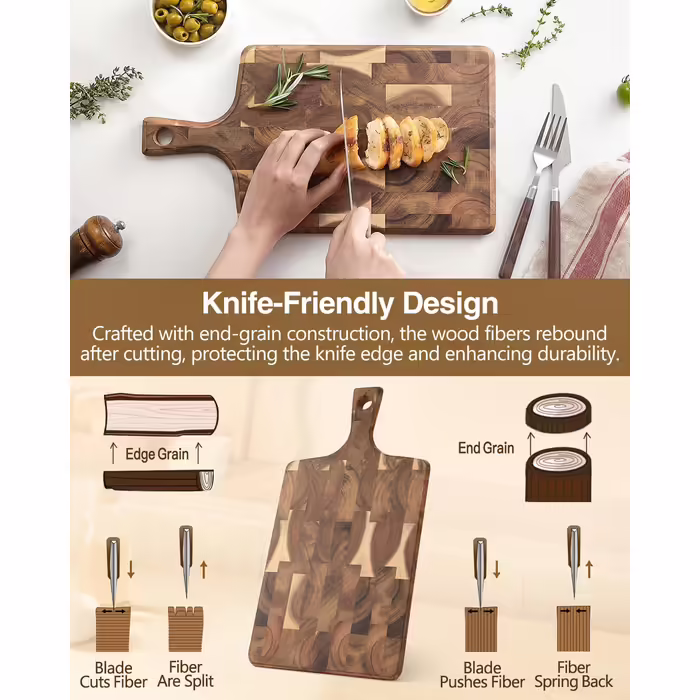 XINZUO Cutting Board made of Acacia Wood 41 * 22 * 1.9cm Rectangular Serving Board with Handle, Chopping Board Cheese Grill Board Reversible Wooden Board for Kitchen, Snack Board, Breakfast Board