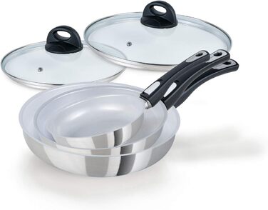 Набір сковорідок Genius Cerafit Steel: 5 штук з керамічним покриттям (20, 24, 28 см) + скляна кришка. Підходять для всіх плит, включаючи індукційні.