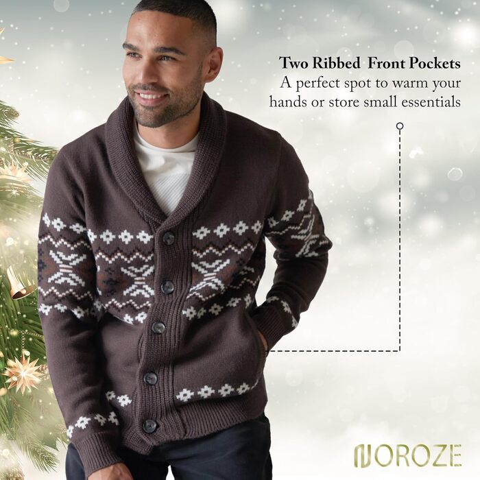 Чоловічий кардиган NOROZE на Різдво з візерунком Fair Isle, в'язаний, на ґудзиках