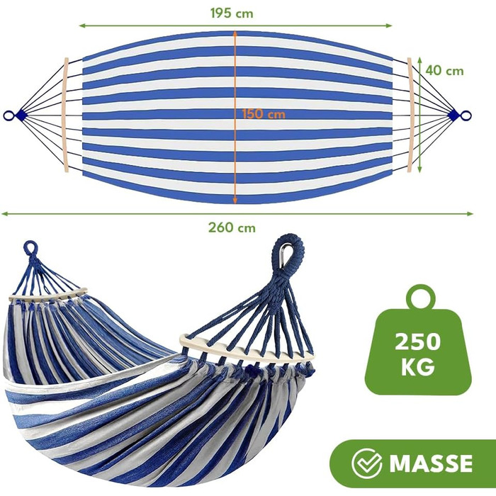 Гамак KRUMAD 260 см, до 250 кг, вологостійкий, бавовна-поліестер, для саду, балкону, кемпінгу, з дерев'яними розпірками та сумкою (блакитно-білий, без каркасу)