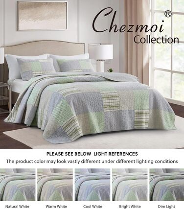 Комплект ковдр Chezmoi Collection Quinn: 3 шт. з квітковим візерунком гібіскуса, смугастий, з бавовни, легко переться – легка двостороння ковдра, розмір Queen (Плед Candy Patchwork Зелений Сірий)