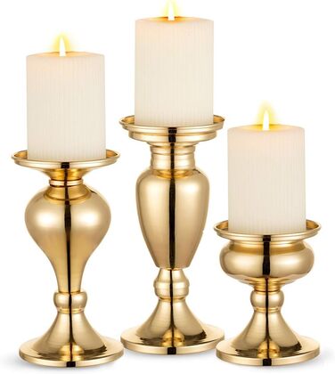 Sziqiqi Set of 3 Candle Holders, Black Vintage Candle Stand, Metal Candle Holders, Tealight Holders for Pillar Candles, Candle Holder Decoration for Wedding Party, Gold