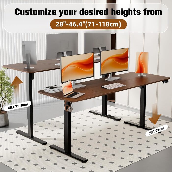 Electric Height Adjustable Standing Desk 80x60 cm & 170x60 cm - Ergonomic Desk with Dual Top, White Frame & Walnut Tabletop for Home Office