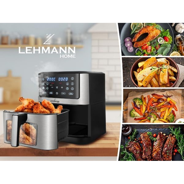 Горизонтальний фритюрник Lehmann 8л, 1800 Вт з оглядовим вікном, регулюванням температури до 200°C, 12 програм, таймером, антипригарним покриттям, для приготування на грилі, випікання та смаження з використанням технології Air Fry