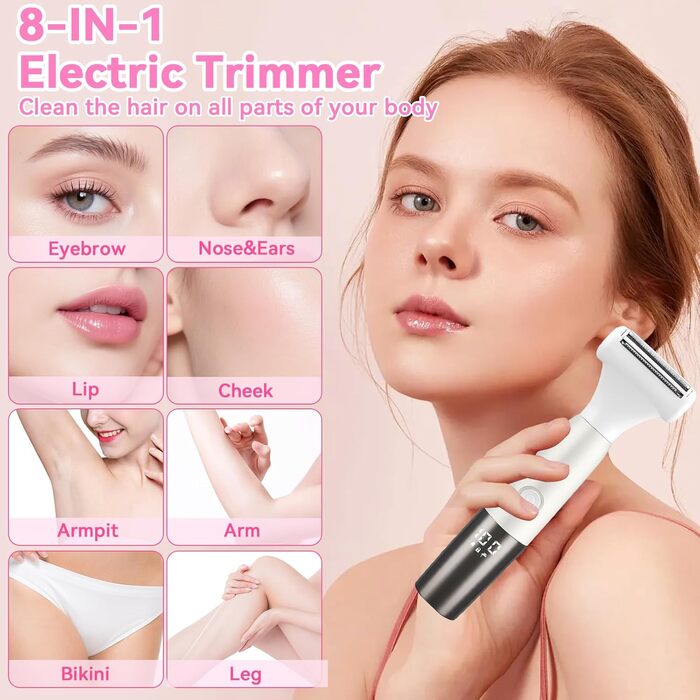 Електричний жіночий тример YGVQN 8-в-1 для тіла: бікіні, ноги, обличчя, брови, ніс. LED дисплей, водонепроникність IPX7, USB-зарядка.
