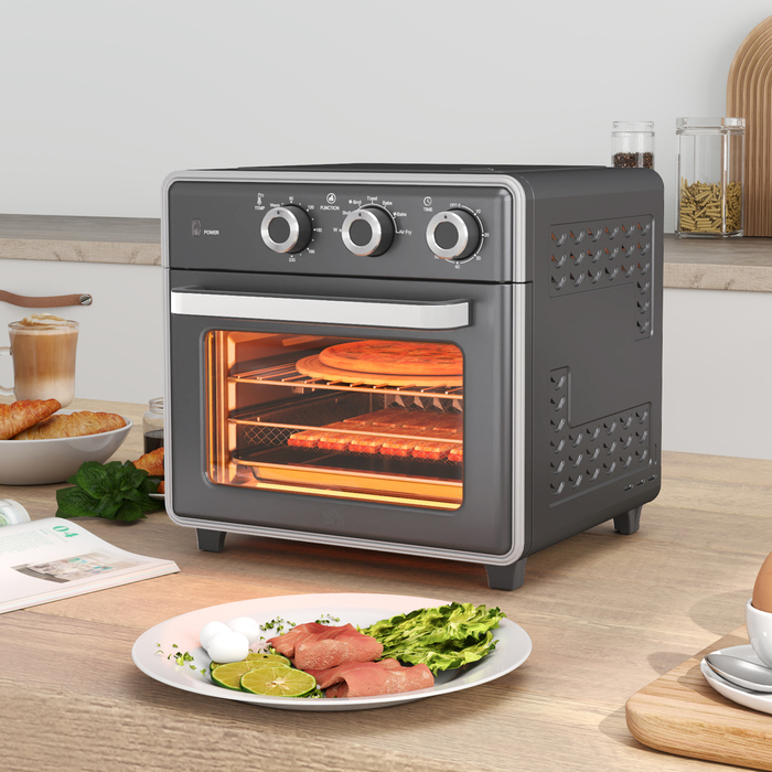 HOMCOM 20L Convection Mini Oven with Baking Tray, Grill Rack, and Crumb Tray, 90°C-230°C Air Fryer with 5 Modes, Frying Basket, 60 Min. Timer, 1400W, Metal | Aosom