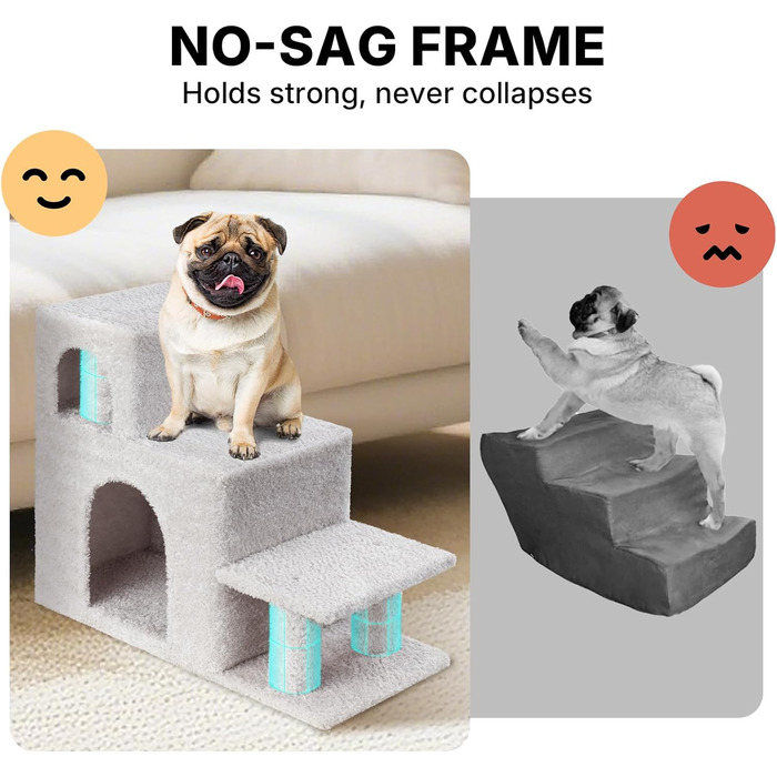 Сходинки для собак Veehoo: 3 сходинки, ліжко, печеринка, для маленьких собак та котів, сірий, 67x34x52 см, до 45 кг