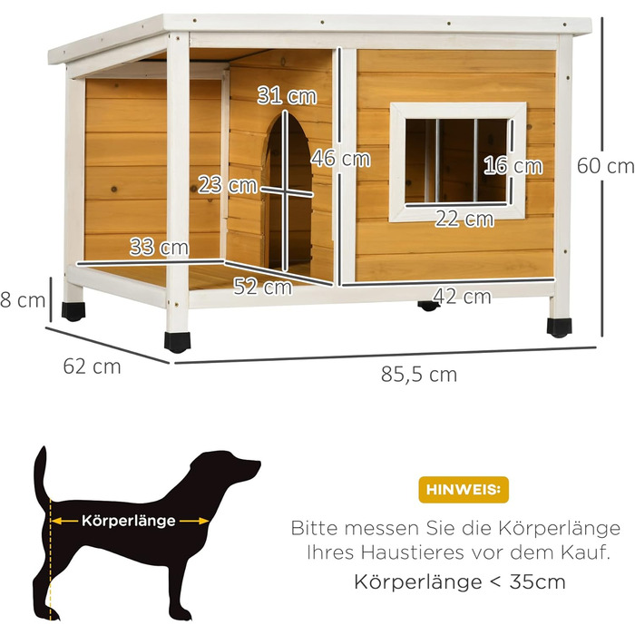 Будка для собак PawHut з соснового дерева з терасою та підйомним дахом, для маленьких собак, внутрішня та зовнішня, вологостійка, помаранчевого кольору, 85,5 x 62 x 60 см