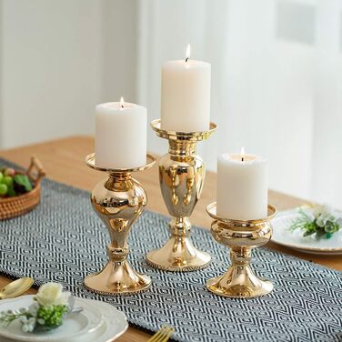 Sziqiqi Set of 3 Candle Holders, Black Vintage Candle Stand, Metal Candle Holders, Tealight Holders for Pillar Candles, Candle Holder Decoration for Wedding Party, Gold