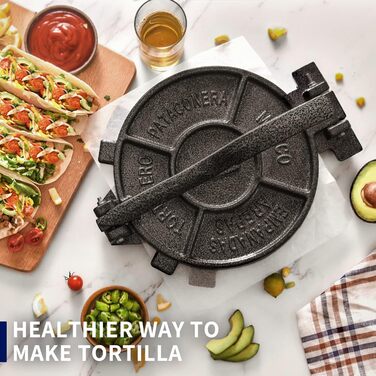 ARC Cast Iron Taco Press with 100 Parchment Papers - Tortilla Maker for Mehl Tortillas, Roti, Patacones - 8 Inch (20.3 cm)