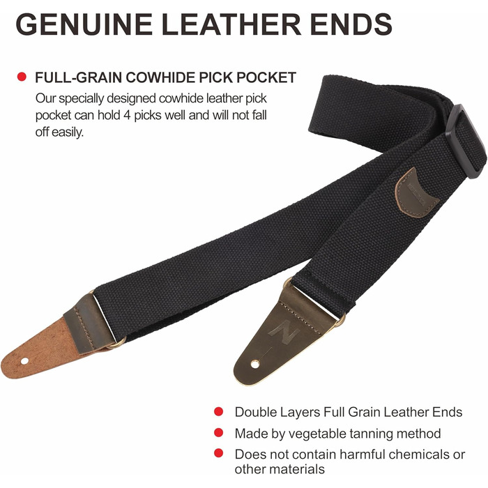 Гітарний ремінь Nefelibata з кишенькою для медіаторів, шкіряні кінці, для бас, електро- та акустичної гітари, з безкоштовними фіксаторами, 1 пара замків та 4 медіатори, чорний