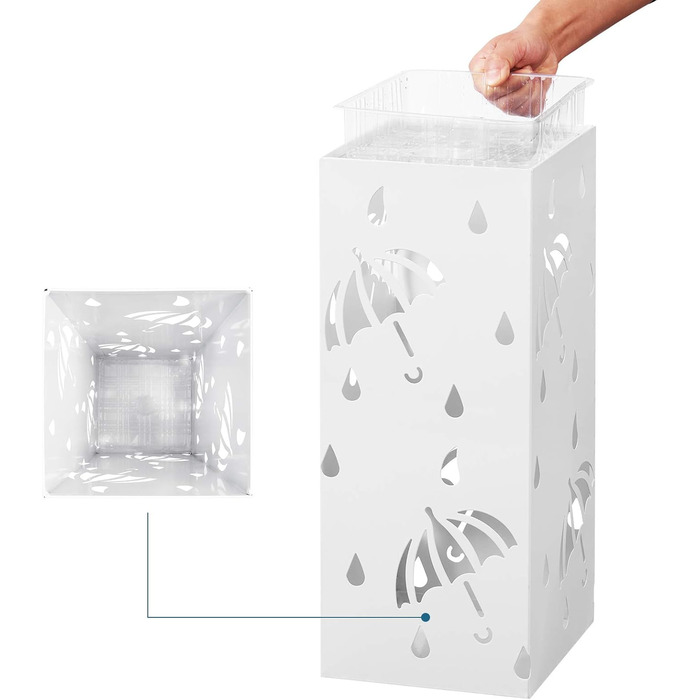 Lestarain Metal Umbrella Stand with Water Tray and Hooks - White Cube Design, 20x20x49cm