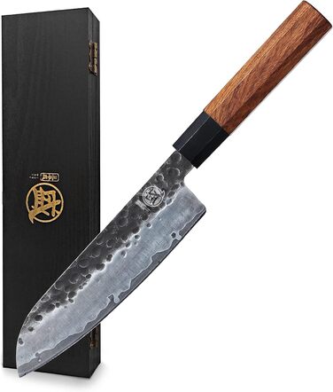Японський ніж Santoku Mitsumoto Sakari 19 см, ручка з рожевого дерева, сталь з високим вмістом вуглецю, в подарунковій коробці