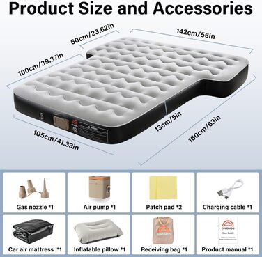 Автоматичний надувний матрац для заднього сидіння авто Coverado - з вбудованим насосом та подушками. Універсальний, підходить для більшості авто та SUV.