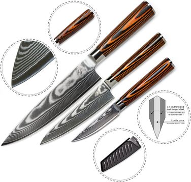 Набір кухонних ножів Wolfblood Damast 3 шт (32/26/20 см) з дамаської сталі 67 шарів, твердість 62 HRC, сертифіковано TÜV + чохол та подарункова коробка