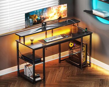 Ігровий стіл Coleshome з LED-підсвічуванням 120x50 см, з 2 розетками та 2 USB-портами, стіл для комп'ютера з підставкою для монітора та місцем для зберігання, для дому та офісу, чорний