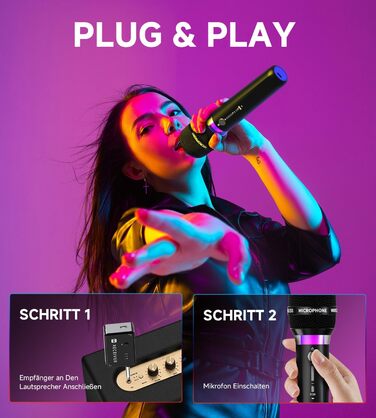 Бездротовий мікрофон з LED-підсвіткою, подвійний, акумуляторний, караоке, чорний