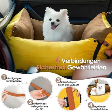 Portable Dog Car Seat for Small & Medium Dogs Under 15KG - Washable Travel Bed with Storage & Safety Belt (Green & Yellow)