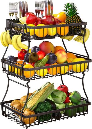 Настінна полиця для фруктів та овочів з кріпленнями, 3 яруси, чорна | Настінне зберігання для кухні