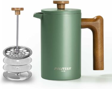 Poliviar French Press Coffee Maker 600 ml/21oz, Double-Walled Insulated Coffee Pot and Tea Maker, Manual Filter Coffee Press with Plunger & Wooden Handle, Flatland (Green) JX2024-SFPN-DE