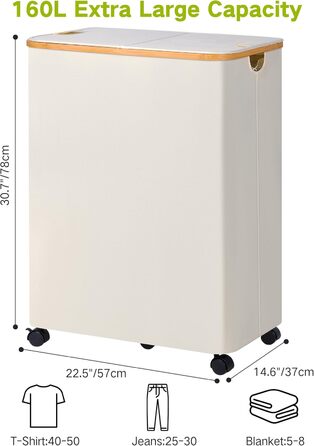 Кошик для білизни efluky з кришкою і 2 відділеннями, на колесах, 160 л, великий розділений контейнер для брудної білизни, з 2 знімними мішками, бежевий