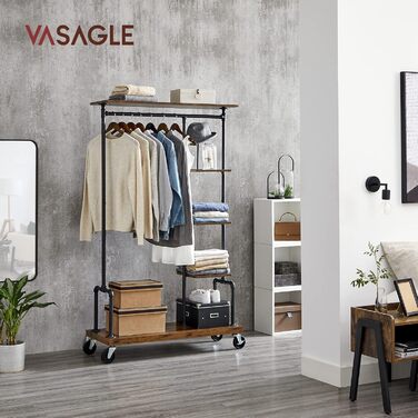 VASAGLE Clothes Rack on Wheels, Coat Rack, Clothes Rail with 5 Shelves, 40 x 103.5 x 174.5 cm, Industrial Design, Steel Frame, Vintage Brown-Black HSR66BXV1