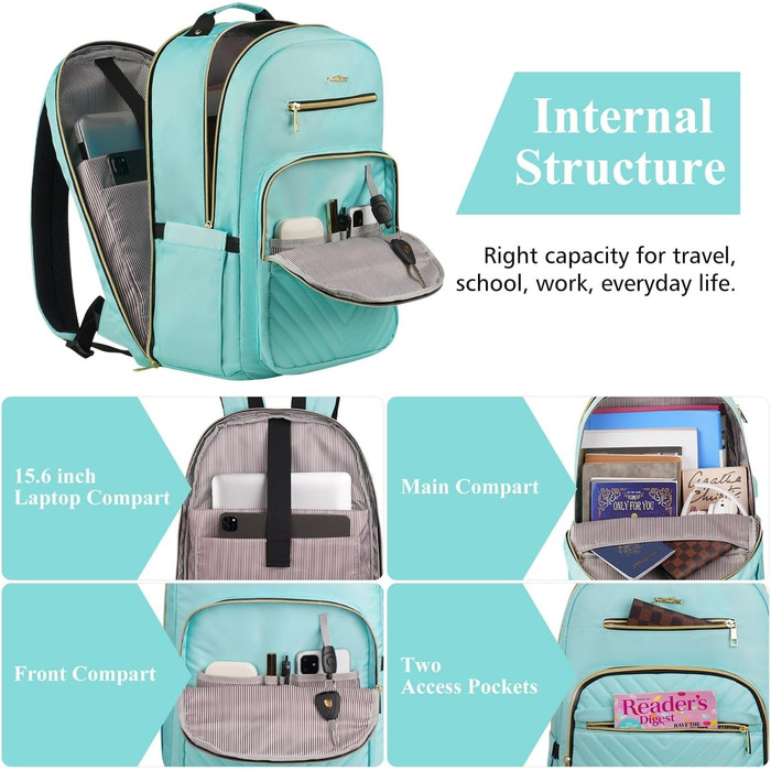 Рюкзак YAMTION для жінок, дівчаток та підлітків. Шкільний рюкзак з відділенням для ноутбука 17.3 дюймів, USB-портом, для роботи, навчання, міста. Колір: світло-зелений