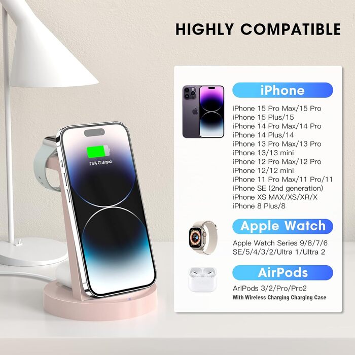 Зарядний станція 3 в 1 для iPhone: швидка бездротова зарядка для Apple iPhone 16, 15, 14, 13, 12, 11, X, Pro, Max та Apple Watch 10, 9, 8, 7, 6, SE, AirPods 4, 3, Pro з адаптером 18W (Рожевий)
