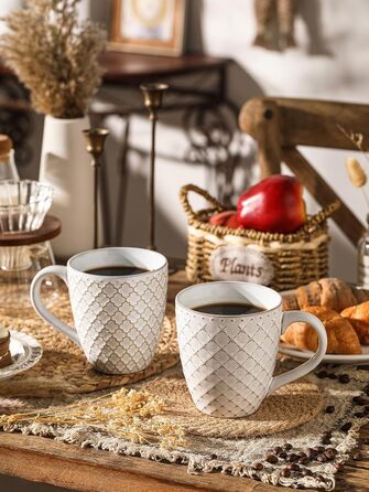 DOWAN Coffee Mug Set, 6 x 560 ml Porcelain Coffee Cups, Large Mugs with Embossed Pattern in Country House Style for Coffee, Milk, Tea & Hot Chocolate, Reactive White Mug Set