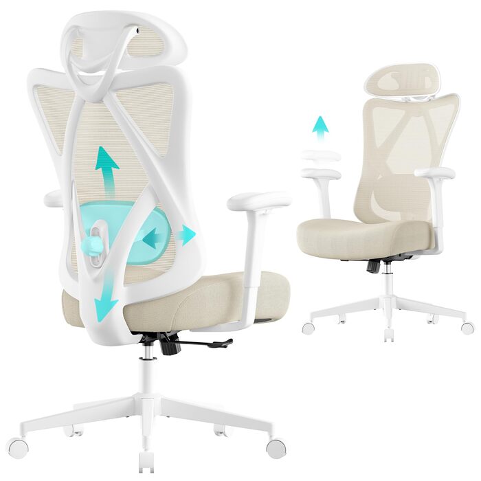 Офісний стілець SONGMICS з регульованою поперековою підтримкою та підголівником, сітчаста спинка, максимальне навантаження 150 кг, регульована висота, колір пісочний (OBN063B01)